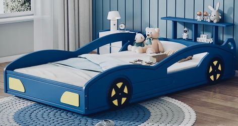 Race Car Design Twin Size Platform Bed with Side Rails & Headboard Storage Rack