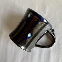 Vintage 12-oz Hand Thrown Studio Art Black And Blue Glazed Pottery Mug 