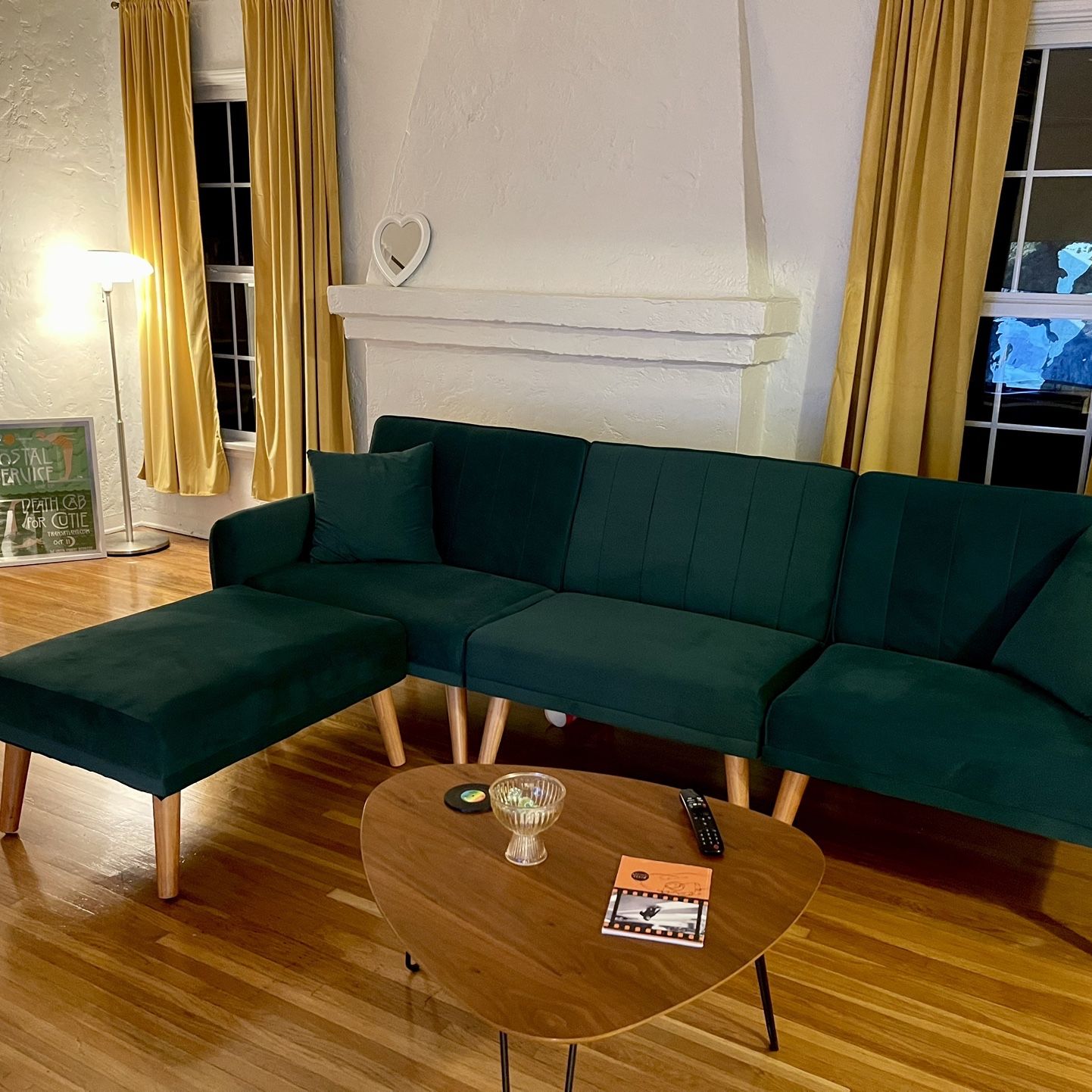 L-Shaped Green Velvet Sectional Couch with Ottoman