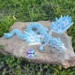 3D Printed Articulated Snowy Crystal Dragon, 23 Inches Long