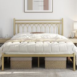 Queen Bed Frame, Metal Platform Bed with Modern Style Petal Accented Headboard, Mattress Foundation with Spacious Underbed Storage,No Box Spring Neede
