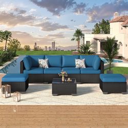 7 Piece Outdoor Patio Furniture Set, PE Rattan Outdoor Wicker Sectional Furniture Chair Set with Cushions and Tea Table, Black Rattan and Peacock Blue