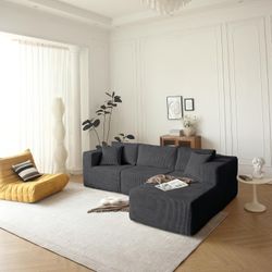 104" Modular Sectional Sofa, Corduroy Cloud Couch Deep Seat,Grey Right Facing Chaise