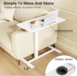 Mobile Standing Desk, Adjustable Rolling Desk, Portable Laptop Desk, Overbed Bedside Table Laptop Table for Couch, Home, Office, White