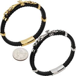 316L Stainless Steel 18k Yellow Gold Plated 14mm Cross Cuban Link Leather Bracelet 8”