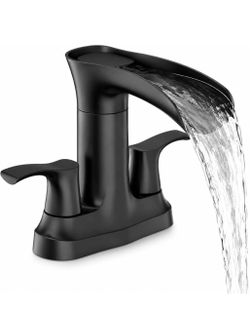 Waterfall Bathroom Faucets 3 Hole, Matte Black, 4 Inch Sink Faucet Bathroom Sink Faucet with Pop-up Drain, Stainless Steel 2 Handle Modern Sink Faucet