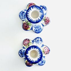 Vintage Pair Porta Hand Painted Floral Ceramic Taper Candleholders PORTUGAL