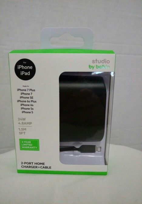 Studio by Belkin 2-Port Home Charger + Cable F8J220-05-SLV. 5 ft. New Sealed!