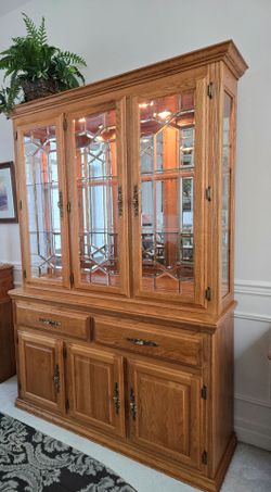 2 piece Oak Lighted Hutch and Credenza/Buffet