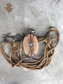 Vintage Wooden Pulley with vintage Rope and Hardware