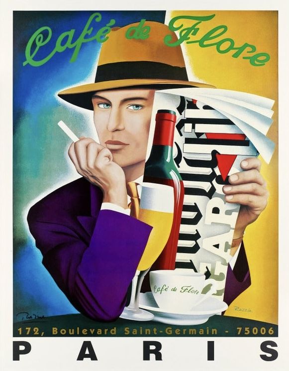 “Cafe de Flore,” Razzia Framed Lithograph SIGNED