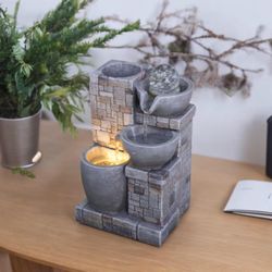 Indoor Tabletop Tiered Water Fountain with LED Light and Planter, Stone-Look Waterfall Feature for Home or Office Décor, 11 Inches Tall