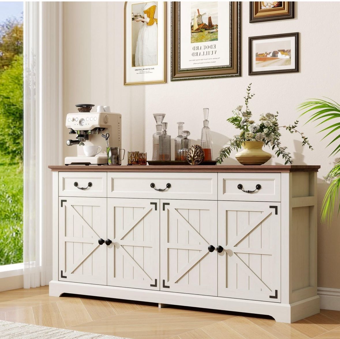 Z-65" Farmhouse Sidebord Buffet Cabinet with 3 Drawers & 4 Doors, Large Kitchen Storage Cabinet and Wood Coffee Bar Table for Dining Room, Living Room