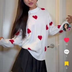 Heart Patterned White and Red Sweater