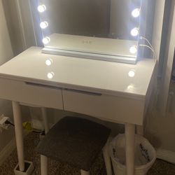 Makeup Vanity With Lighted Mirror And Stool