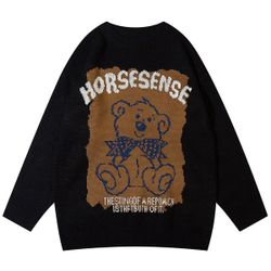 Black Graphic Print Crewneck Sweater – Unisex Casual Knit Pullover