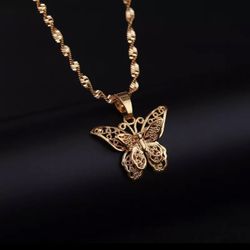 Gold Plated Small Butterfly Necklace 17” 