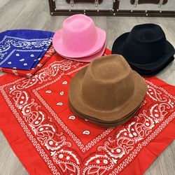 Western Cowboy Hat Set, Felt Cowboy Themed Party Hats with Paisley Bandanas