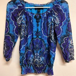 INC international Concepts Blue 100% Nylon Stretch Round Neck Long Sleeve Casual Blouse 