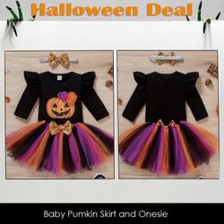 New Baby Girl Halloween Costume Pumpkin Onesie With Tulle Skirt