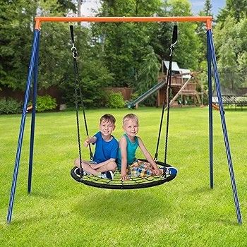Kids Web Swing Set - 40’’ Spider Net Tree Swing and Metal Swing Frame Stand Swing Playset for Backyard Playground Kids Play Fun
