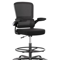 Brand New Black Mesh Back Height Adjustable Drafting Chair Flip Up Arms & 3D Lumbar Support