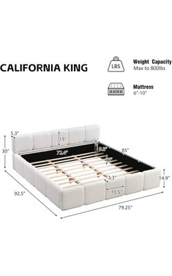 California King Size Boucle Platform Bed, Floor Platform Bed Grounded Bed Frame with Thick Headboard and Footboard, Block Style, White