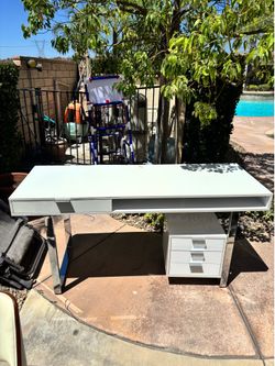 White Lacquer and Chrome Desk with Drawers + Swivel Chair