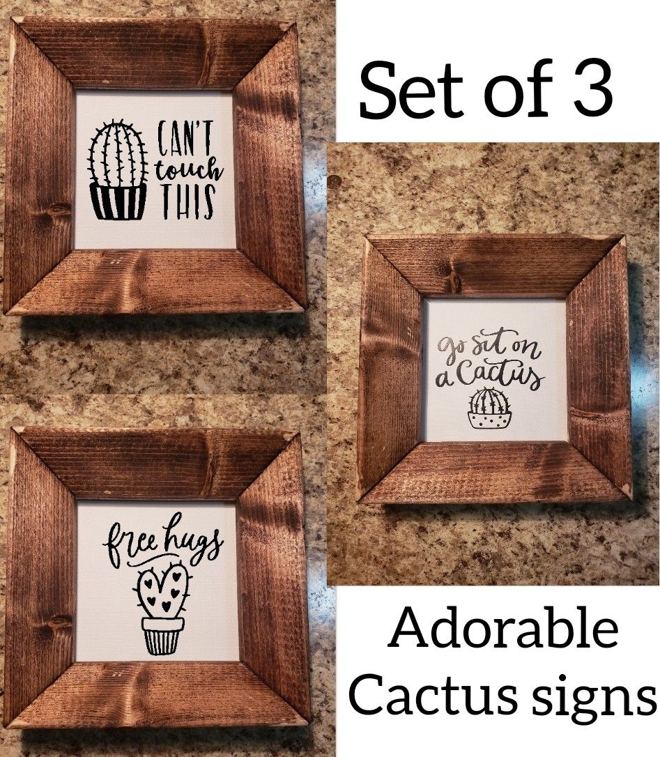 Set of 3 cactus signs for desk or table can also hang decor