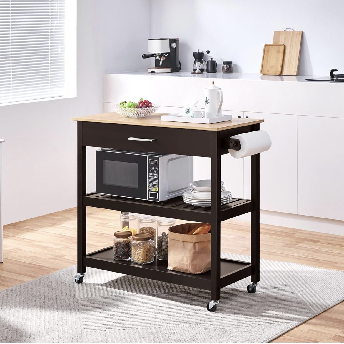 Kitchen Island Cart on Wheels with Bamboo Tabletop, 3-Tier Rolling Kitchen Island Microwave Cart with Drawer, Detachable Towel, 3 Hooks, 17" D x 37.5"