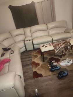 Cream Leather Reclining Sectional Sofa