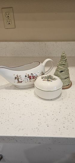 Holiday Gravy Boat & Candy Dish, & Clay Tree