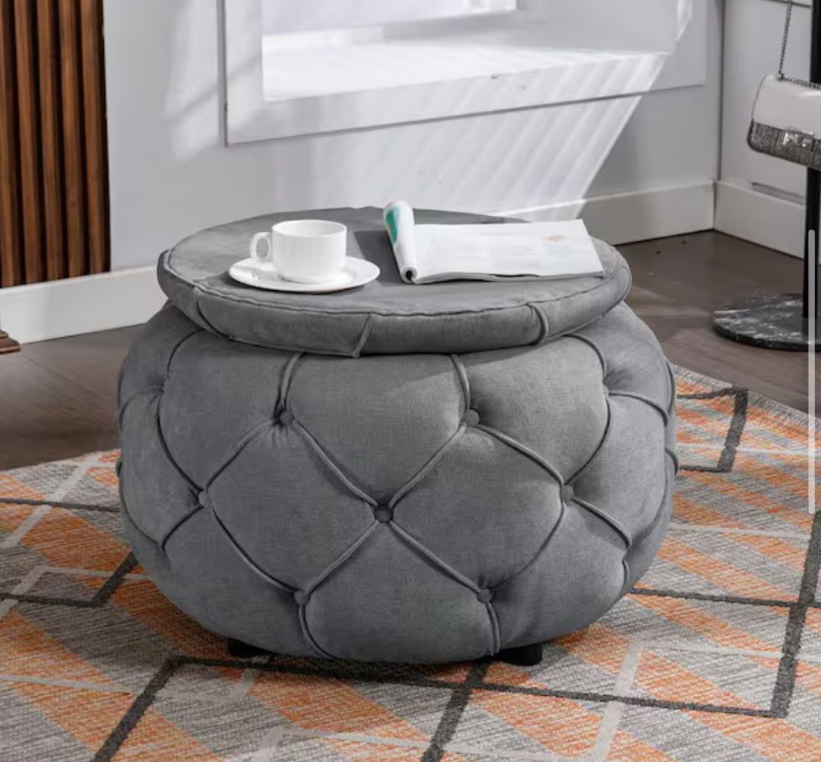 Gray 27.5 in. Burlap Fabric Round Storage Ottoman Button Tufted Ottoman Footstool with Removable Lid G-19