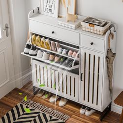 Shoe cabinet with 2 flaps and side cabinets, with adjustable shelves white