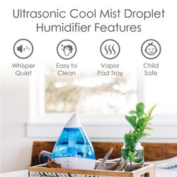 Crane Droplet Ultrasonic Small Air Humidifiers for Bedroom and Office, 0.5 Gallon Cool Mist Humidifier for Plants and Home, Humidifier Filters Optiona