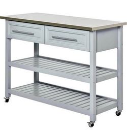 Newly Assembled Traditional Kitchen Cart w/ Storage Kitchen Island w/ Stainless Steel Top Light Gray