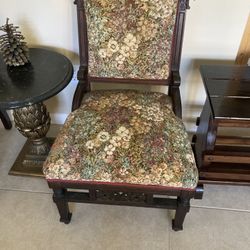 Mid Century  Carved Wooden Upholstered Chair
