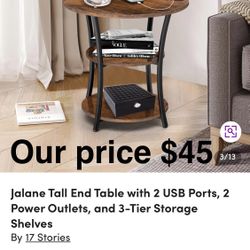 Jalane Tall End Table with 2 USB Ports, 2 Power Outlets, and 3-Tier Storage Shelves