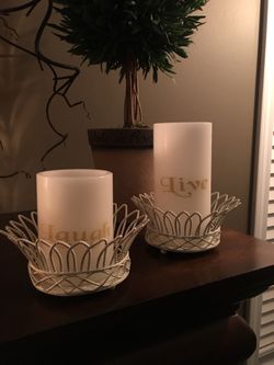 Shabby chic white metal decorative wire candle holders (set of 2) Candles not included. 5.5” wide and 2.5” high.