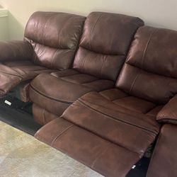 For Sale: Brown Leather Reclining Sofa and Loveseat Set – Great Condition!