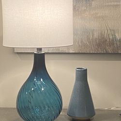 Modern Farmhouse  Lamp With  Turquoise  Glass  Base  And White LampShade, H26.5”