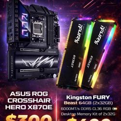Motherboard ASUS ROG Crosshair Hero X870E And Kingston Fury Beast RGB DDR5 Memory - 64GB (2x32GB) • 6000MT/s - CL36