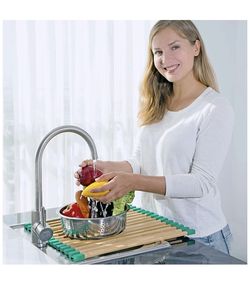 Bamboo Roll Up Dish Drying Rack - Scratch-Free, Environment-Friendly Square Rods Dish Rack for The Kitchen with Silicone Grips for Secure Counter Pla