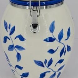 2001 INSPIRADO CANISTER COOKIE JAR WHITE BLUE VINES HAND PAINTED HINGED LID 9.75”