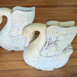 Vintage 12" Pair Of 2 Carved Wood Regency Swan Statue Figures