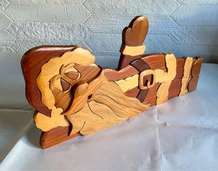 Vintage Handcrafted Wooden Intarsia Lying Down Santa Claus Figure