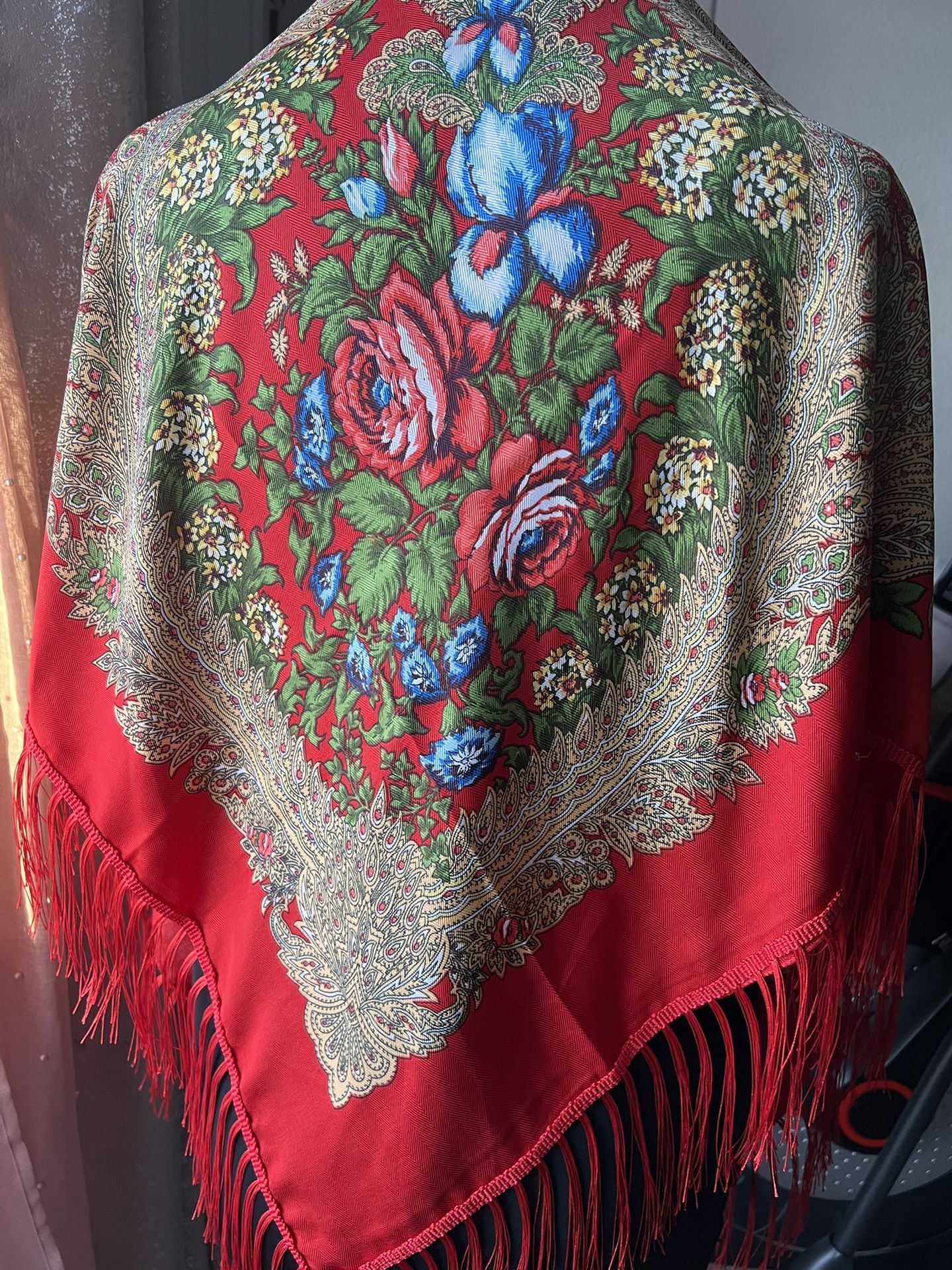 Beautiful red russian shawl with fringe