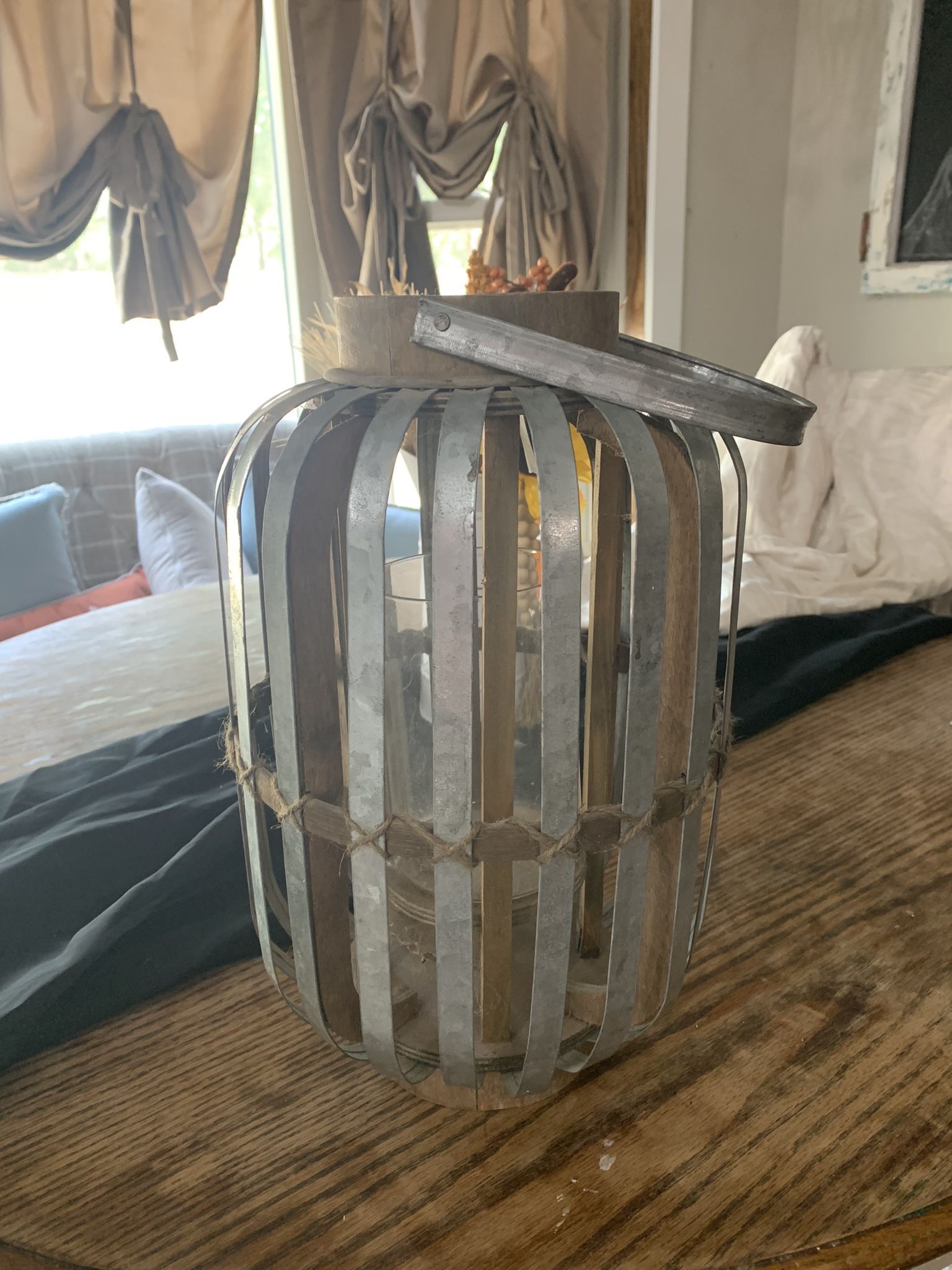 Metal and wood lantern