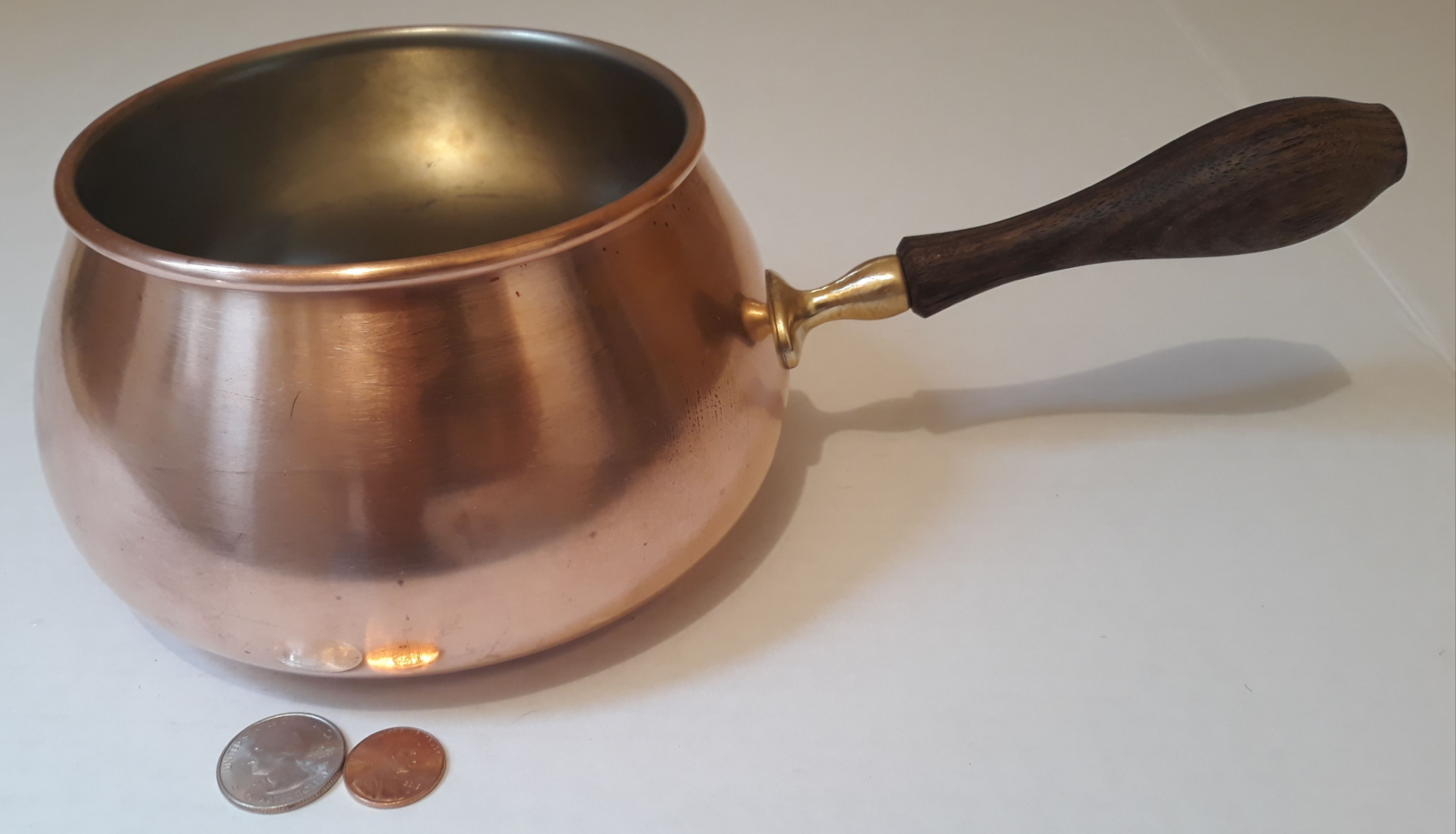 Vintage Metal Copper and Brass with Wooden Handle, Cooking, Kitchen Decor, Shelf Display, 12" Long and 6" x 3 1/2" Pan Size, Heavy Duty Quality