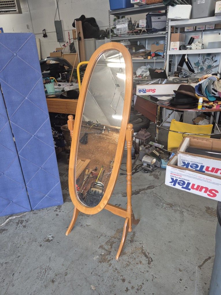 Vintage Oval Stand Mirror Oak